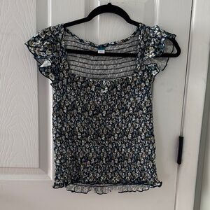 Old Navy Navy Floral Smocked Ruffle Sleeve Blouse